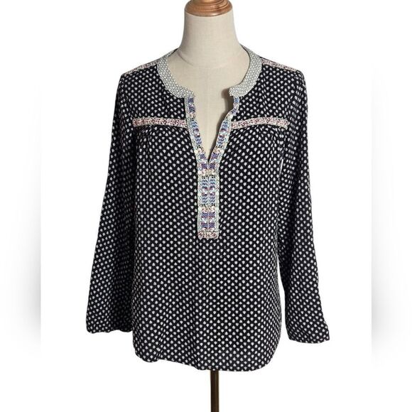 Skies are Blue Black and White Boho Peasant Embroidered Blouse Top - Picture 1 of 6